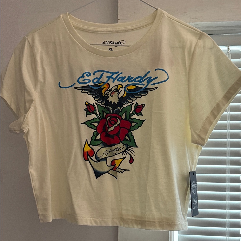 Ed Hardy Cream Crop Top with Graphic Design
